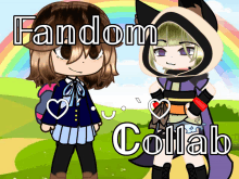 a cartoon of two girls standing next to each other with the words " fandom collab " on the bottom