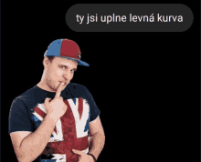 a man wearing a hat and a t-shirt with the union jack on it