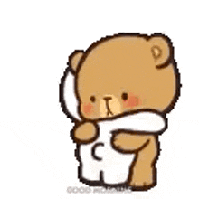 a cartoon teddy bear is hugging a cat .