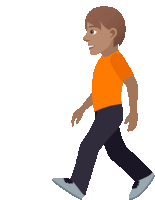 a man wearing an orange shirt and black pants is walking on a white background