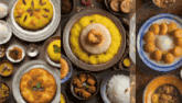 a collage of three different types of food including rice