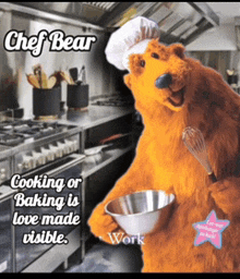 a chef bear is holding a whisk and a bowl