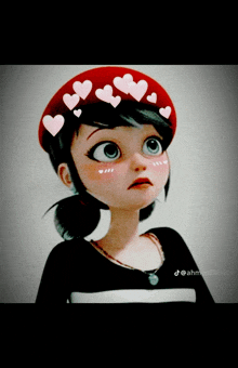 a cartoon girl wearing a red hat with pink hearts on it