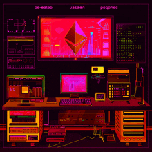 an illustration of a computer with the words os-eateb jaszen and pogphec on the bottom