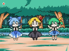 three cartoon characters are dancing in a forest with a red star in the corner