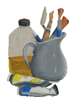 a painting of a pitcher with brushes and paint tubes