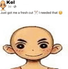 a picture of a cartoon character with a shaved head and the words `` just got me a fresh cut i needed that ''