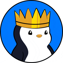 a penguin with a crown on its head is in a blue circle