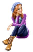 a woman wearing a purple sweater and a blue hat is sitting down