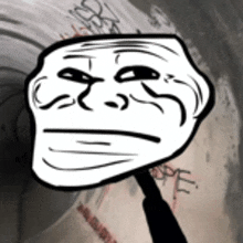 a troll face is standing in front of a tunnel with graffiti on the wall .