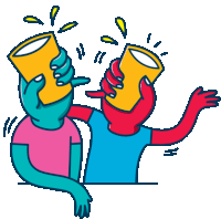 a cartoon drawing of two people toasting with glasses