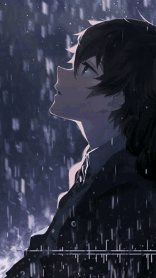 a man in a suit and tie is looking up at the sky in the rain