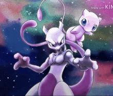 a cartoon of a purple and white pokemon with the words made with kin in the bottom right corner