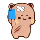 a teddy bear with a bandage on its head is holding a cell phone .