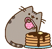 a pusheen cat is pouring chocolate syrup on a stack of pancakes .