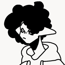 a black and white drawing of a person with curly hair and ears .