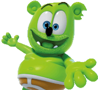 a green gummy bear with blue eyes is waving his hands