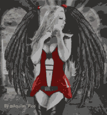 a pixel art of a woman in a red dress with black wings