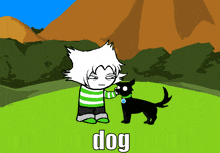 a cartoon drawing of a boy petting a black dog with the word dog on the bottom