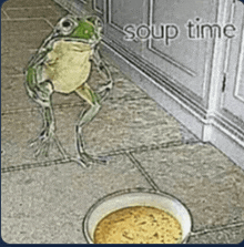 a frog standing next to a bowl of soup