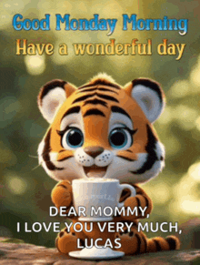 a cartoon tiger is holding a cup of coffee and saying " good monday morning have a wonderful day "