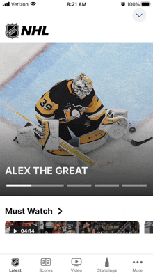 a screenshot of the nhl app showing a hockey goalie