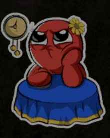 a sticker of a red cartoon character with a flower in his hair and a clock above his head