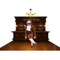a man is jumping in the air in front of a sign that says irish pub
