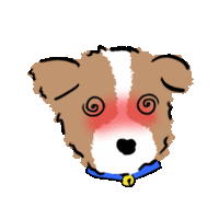 a drawing of a dog with a blue collar and a red cheek