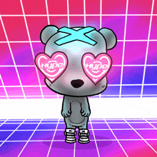 a cartoon bear wearing heart shaped glasses with the word hype on them