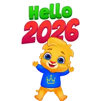 a cartoon character wearing a blue shirt with a yellow crown and the words hello 2026 behind him