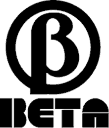 a black and white logo for beta with the letter b in a circle .