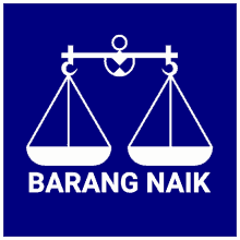 a blue sign with a white scale and the words barang naik