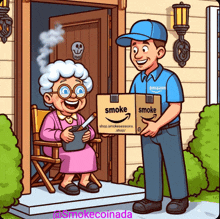 a cartoon of an amazon delivery man delivering a box of smoke