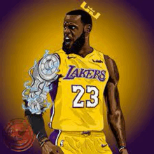 lebron james is holding a basketball in his hand and wearing a yellow and purple lakers jersey .