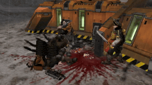 a video game scene with a pirate holding a sword and a dead robot
