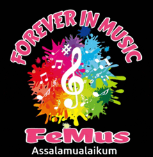 a logo for femus says forever in music