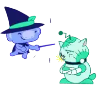 a cartoon of a witch holding a wand and a green cat