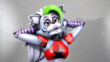 a 3d rendering of a female robot with a green hair and a red top