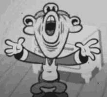 a black and white cartoon of a man with his mouth open and his hands outstretched .