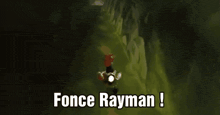 a video game scene with the words fonce rayman in white letters