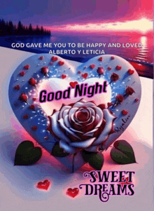 a good night sweet dreams card with a heart and roses