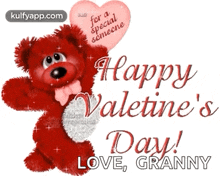 a teddy bear is holding a heart shaped balloon and says happy valentine 's day love granny