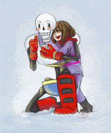 a drawing of a skeleton and a girl hugging each other