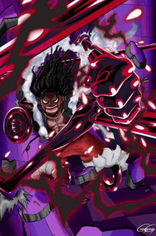 a cartoon of a man with dreadlocks holding a purple and red weapon .