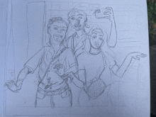 a drawing of three people taking a selfie with the number 7 on the bottom