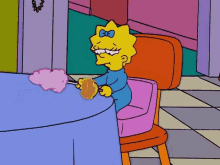 maggie simpson from the simpsons is sitting at a table eating cotton candy .