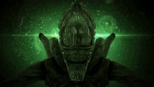 a close up of a green alien with a green background