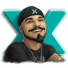 a cartoon drawing of a man with a beard wearing a black hat with an x on it