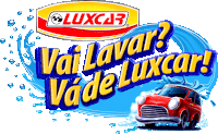 a logo for luxcar with a red car in the background